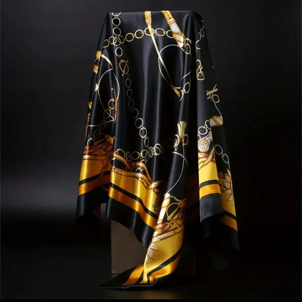 Scarf Square Black and Gold Chain Pattern 35.43 in